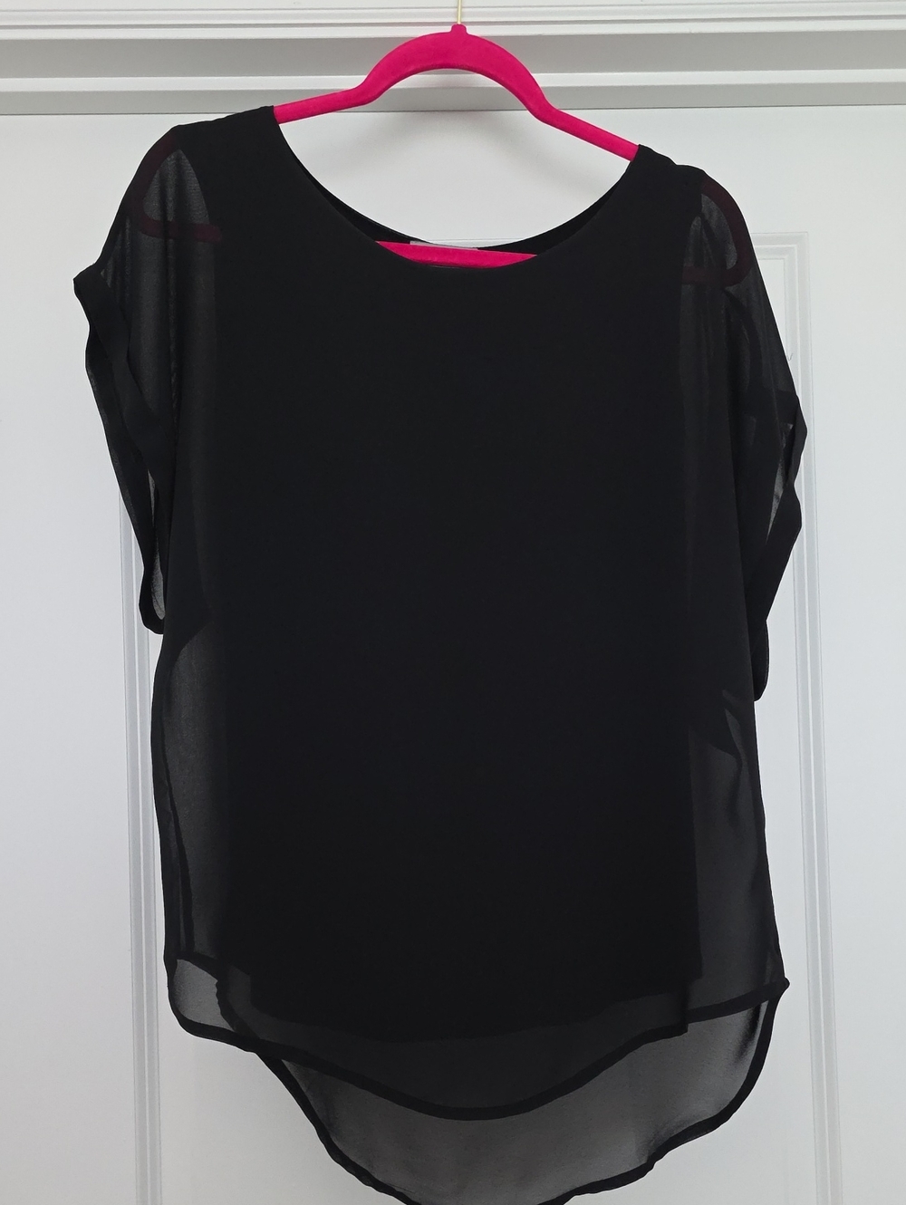 Joseph A. Black Sheer Overlay Short-Sleeve Blouse With Fitted Tank Underneath.